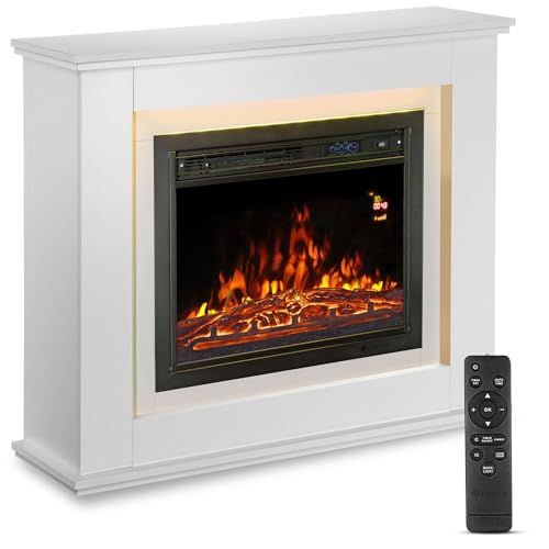 Juskys® Elektrokamin 1000/2000 W mit Heizung, Kaminfeuer, Flammeneffekt, Fernbedienung, LED Beleuchtung & Timer - Elektrischer Kamin Standkamin weiß