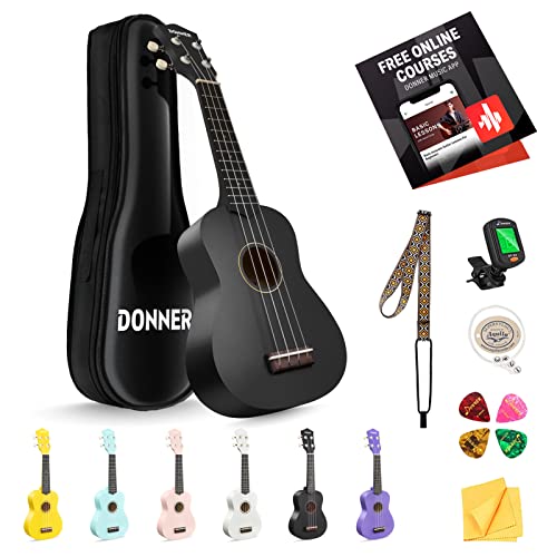 Donner Sopran Ukulele Kit für Anfänger - DMU-01 Macaron Series 21 Zoll Hawaii Gitarre Mit Mattem Finish (Dunkles Schwarz)