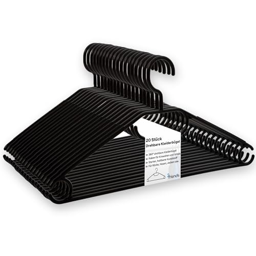 20 Kleiderbügel schwarz mit drehbaren Haken, Kleider Bügel, Kleiderbügel platzsparend aus Kunststoff, Länge ca. 41 cm - Made in EU - Umweltfreundlich da 100% Recyclingmaterial, Model: Minnie