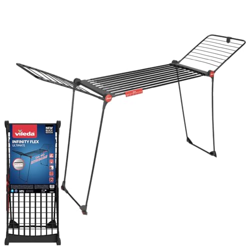 Vileda Infinity Flex Ultimate Wäscheständer Black Edition | Ausziehbares schwarzes Teleskopgestell, XXL-Trockenstäbe | Klappbar & Vormontiert - Weniger Abdrücke für große Textilien | Eco-Verpackung