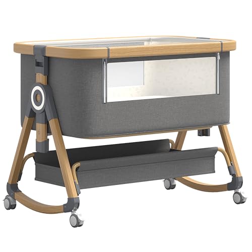 YAZOCO Beistellbett 3 in1 Babybetten Tragbar Babybett mit atmungsaktivem Netz und Laken, Verstellbarer Stubenwagen Beistellbett mit Aufbewahrungskorb (Hohe Version grau)