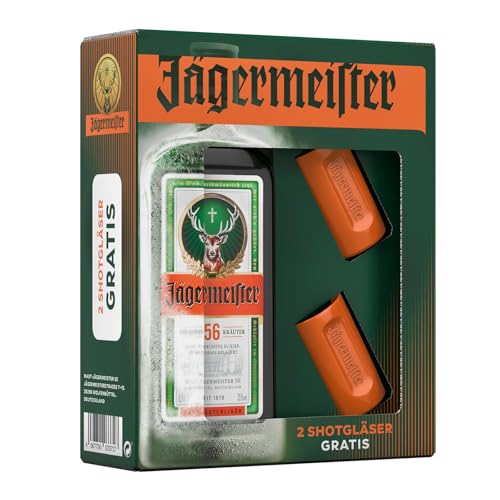 Jägermeister exklusives Geschenkset | mit GRATIS Shotgläser 2cl und 0,7l Kräuterlikör 35% Vol. | 56 erlesene Kräuter | Im Eichenfass gelagert | Das Original aus Wolfenbüttel