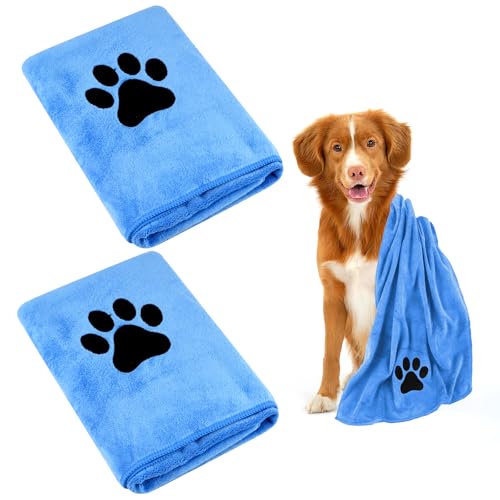 Hundehandtuch, 2 Stück Hundehandtuch Extra Saugfähig für Hunde Und Katzen, Blau Schnelltrocknend Haustier Mikrofaser Handtücher, Hunde Handtuch für Katzen, Hunde Oder Andere Haustiere (100 x 50 cm)