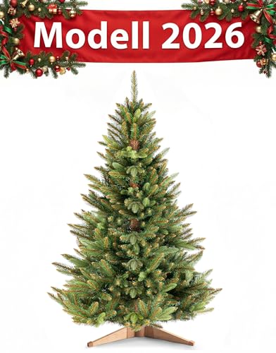 RESTILO Premium Künstlicher Weihnachtsbaum 180 cm - Naturgetreu, dichte Zweige Ø 115 cm | Nordmanntanne mit braunem Stamm & Holzständer | 10 Jahre Garantie | Tannenbaum künstlich I Made in EU