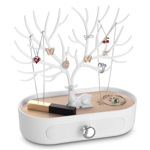penobon Geweih Schmuckständer mit Schublade, Schmuckbaum für Ohrringe, Halsketten, Armbänder und Ringe, Kunststoff, Versilberter Griff