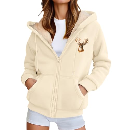 Fleecejacke Damen Weihnachtsdruck Hoodie Kapuzenpullover mit Zipper Warm Basic Fleecepullover Plüschjacke Casual Jacke Sweatshirt Winterjacke Hooded Kapuzenjacke Sweatjacke mit Kapuze Herbst/Winter