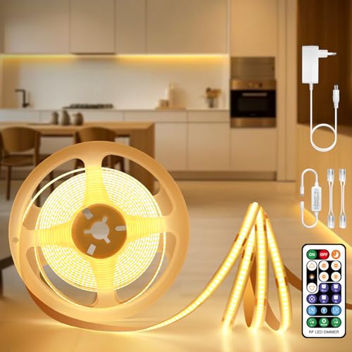COB LED Streifen 5m, LED Strip Warmweiss Dimmbar per Fernbedienung, Lichtband Led Selbstklebend 24V 3000K, Lichtleiste indirekte Beleuchtung, Leiste mit Netzteil, Led Band für TV Küche Schrank Deko