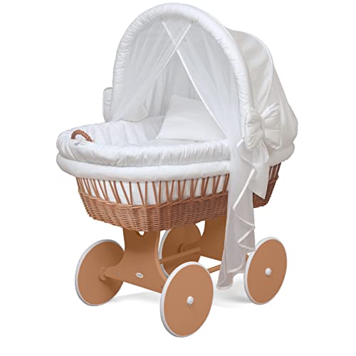Waldin Baby Stubenwagen-Set mit Ausstattung, XXL, Bollerwagen, komplett, 24 Modelle wählbar, Gestell/Räder braun lackiert, Stoffe weiß