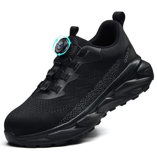 QQSQ Sicherheitsschuhe Herren Damen Arbeitsschuhe Leicht Sportliche Atmungsaktiv Anti-Smashing Stahlkappenschuhe Schnürsenkel Schnellverschluss Drehverschluss, Schwarz, 43 EU