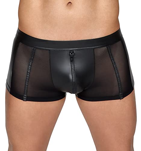Orion Herren-Pants - verführerische Boxer-Shorts für Männer, mit Front-Reißverschluss, seitlichen Mesh-Einsätzen, Latex-Optik, eng anliegend, schwarz