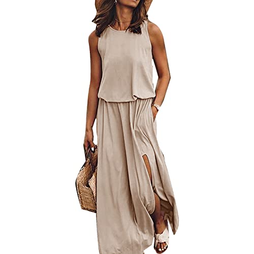 amropi Damen Sommer Casual Kleid Ärmelloses Lang Kleider Elegant Maxikleid Khaki,L