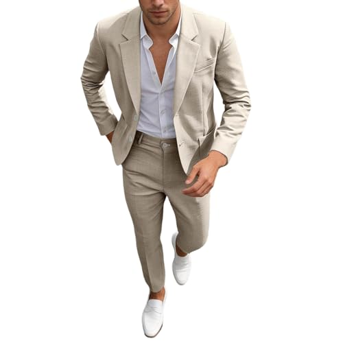 Lunovrans Beige Herren Leinenanzug 2-teilig Slim Fit Sommer Strand Hochzeit Kleid Abschlussball Party Anzug Blazer Jacke und Hose