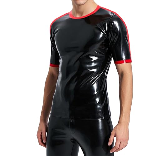 GREEFEI Latex Gummi Kurzarm für Herren,Schwarze und Rote Latex Oberteil Kurzärmliges,Maskenball Cosplay Kostüme XL