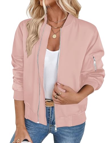 Zeagoo Bomberjacke Damen Sommer Jacket leicht Reißverschluss Kurz Pilotenjacke Blouson Jacke Locker Herbst Coat Rosa M