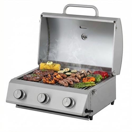 Tarrington House Tisch-Gasgrill CATHAN, 3-Brenner-Gasgrill, Grillrost edelstahl. Stahl/Edelstahl, Tischgrill für Outdoor, Balkon, Camping, silber