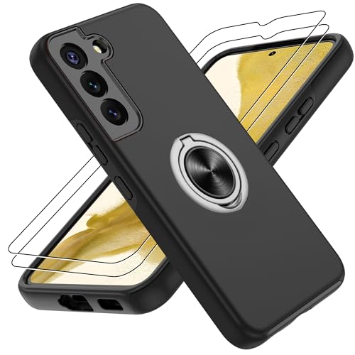 Gritup für Samsung Galaxy S22 Hülle mit 2 Stück Schutzfolie Militärstandard Stoßfeste Handyhülle,Robuste Fallschutz Schutzhülle 360° drehbare Metallhalterung Case für Galaxy S22,Schwarz