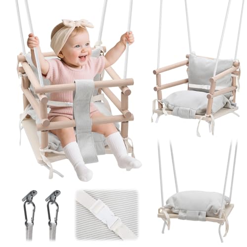 Ollewiellan Babyschaukel Indoor & Kinderschaukel Outdoor 3-in-1 aus Holz, Höhenverstellbar (160-260cm) mit Abnehmbarem Kissen, Für Garten, Tragkraft 50kg, Ab 12 Monaten(Hellbeige)