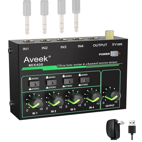 Aveek 4-Kanal Kleinmischpult, Mini 4 Stereo Audio Mixer, rauscharm für präzises Submixing, 1/4’’ TRS Ein-/Ausgang Ideal für Mikrofone/PC/Gitarren/Bass/Bühne