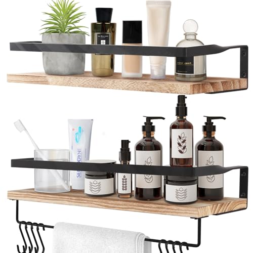 Uten Wandregal Holz, Schweberegal Rustikal mit Handtuchhalter 2er Set Hellbraun für Schlafzimmer, Wohnzimmer, Badezimmer, Küche, Büro
