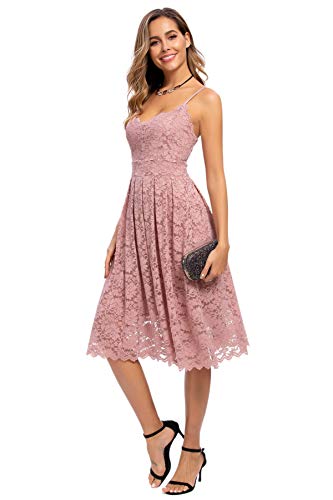 Atnlewhi Damen Vintage ärmellosen V-Ausschnitt A-Linie Kleid Blumen Knielang Spitzenkleid Brautjungfer Elegante Cocktailkleider - Rosa - L