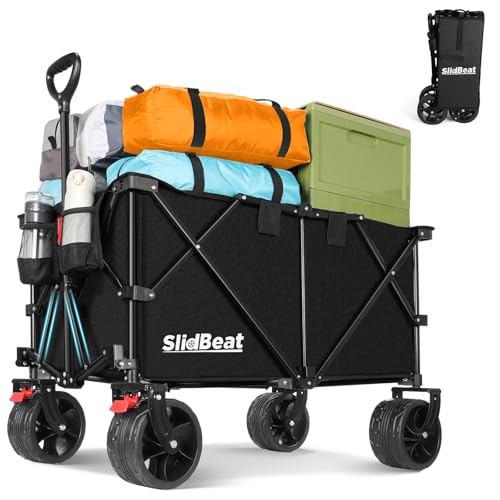 SLIDBEAT XXL Bollerwagen Faltbar 220L 200KG, Faltbarer Bollerwagen mit Bremsen, Getränkehalter Verstellbarem Griff Klappbollerwagen mit All Terrain Rädern Für Camping Outdoor Garten Shopping