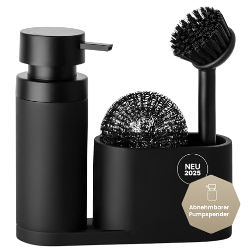Black Sweden Home Design Spülbecken Organizer mit entnehmbaren Spülmittelspender Spülbürste und Schwamm - Küchenorganizer - Spüle Organizer aus Kunststein Sink Spül Set Seifenspender schwarz matt