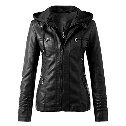 Lederjacke Damen Fruehling Kapuzen Kunstleder Lederjacke Frauen Jacke mit Reißverschluss Motorradjacke Bikerjacke Kapuzenjacke Übergangsjacke Ladies Oberbekleidung