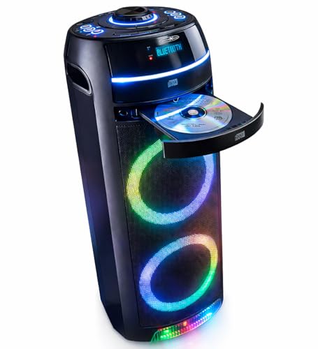 REFLEXION PS10BTCD Mobiler Bluetooth Partylautsprecher, LED Discobeleuchtung, mit eingebauten CD-Player, vielseitige Anschlüsse, Akku für 10 Stunden Musik, Schwarz