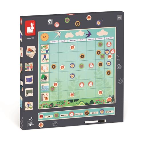 Janod - Familienplaner - Magnet-Tafel + 97 Magnete - Wochentage und Organisieren Lernen - Pappspielzeug - Ab 3 Jahre, J05469