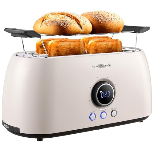 Steinborg Toaster 4 Scheiben mit Brötchenaufsatz Langschlitztoaster Toastautomat Automatische Abschaltung Doppelschlitztoaster Familientoaster Toastgerät LED Display mit Restzeitanzeige (Bulgur Beige)