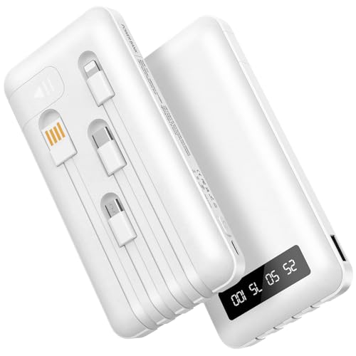 Powerbank 26800mAh mit 4 integrierten Kabel, 22.5W Power Bank USB C Schnellladefunktion mit LED Display & Halterung, Externe Handyakkus für iPhone 17/16/15/14/13/12/11 iPad Samsung Galaxy Weiß