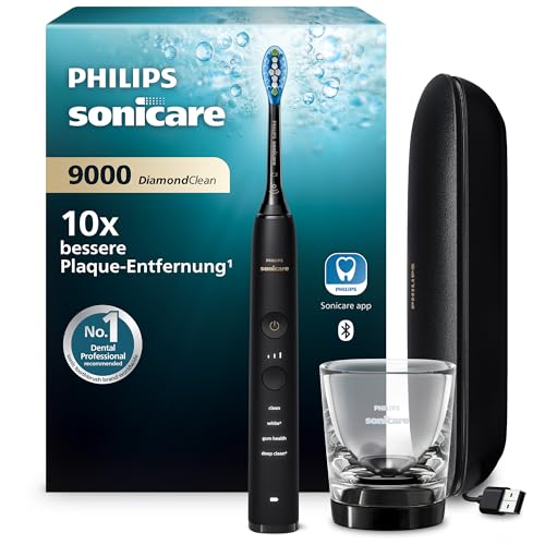 Philips Sonicare DiamondClean 9000 elektrische Zahnbürste, Schallzahnbürste mit App, Drucksensor, 4 Putzmodi, 3 Intensitätsstufen, Ladeglas und USB-Reiseetui, Schwarz, Modell HX9911/09