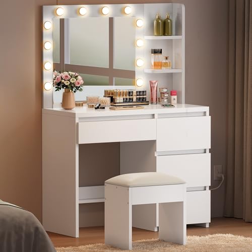 YITAHOME Schminktisch mit Beleuchtung, Dressing Table mit Spiegel Schminktische mit Hocker 3 Farben mit Einstellbarer Helligkeit, Frisiertisch mit 4 Schubladen Offenen Fächern Vanity Table weiß