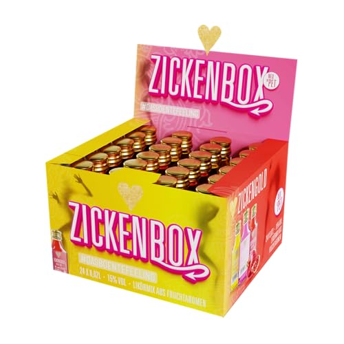 Boente Zicken-Box Likör Mix-Paket | Zickengold Party-Pack mit 24 x 20 ml Mini Pet Flaschen | Marken-Spirituose | je 8 Kurze in den Geschmacksrichtungen Granatapfel, Kirsche & Maracuja