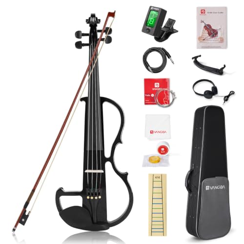 Vangoa 4/4 Elektrische Violine E Geige aus Massivem Holz Electric Stille Violine in Volle Größe mit Kolophonium, Tragetasche, Audiokabel, Schulterstütze, Bogen, Schwarz