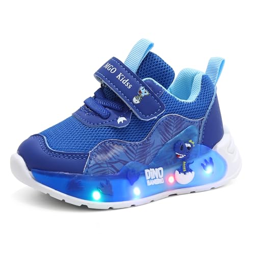 FebTzadik LED-Sneaker for Jungen mit blinkenden Sohlen, atmungsaktivem Mesh-Obermaterial, Cartoon-Muster, Klettverschluss und PVC-Sohle – Grün, Blau, Grau(Blau,28 EU)