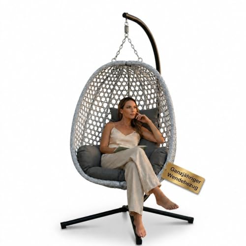 EaseAir® Luxus Hängesessel mit Gestell für Outdoor & Indoor – Ganzjähriger Loungesessel mit Sommer-/Winter-Wendebezug, bis 150 kg belastbar, inklusive robuster Abdeckplane, faltbar, Grau