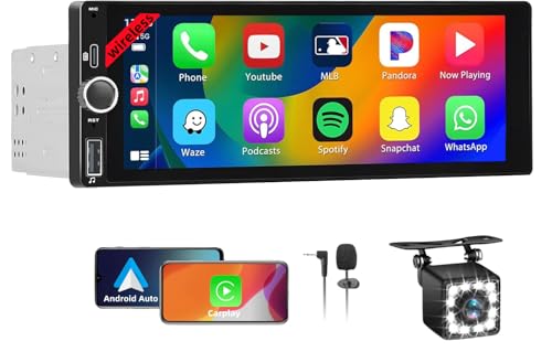 Wireless Autoradio CarPlay 1 DIN – 6,86 Zoll Touchscreen Stereo Auto Bluetooth mit Bildschirm, Radio 1 Din Car Play unterstützt Mirror Link mit Kamera, RDS FM Radio/Type-C de Recharge/Mic/SWC