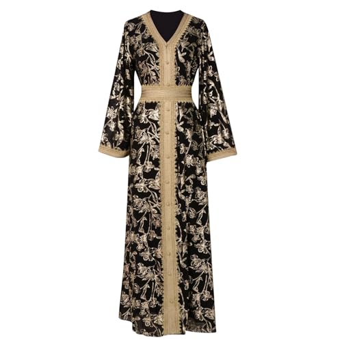 Amxleh Muslimisches Kleid Damen V-Ausschnitt Blumen Stickerei Lang Abendkleid Elegant Kaftan Traditioneller Gebetskleidung Outfit Arabisch Gebetskleid Heißgeprägtes, Modisches, Langärmeliges Kleider