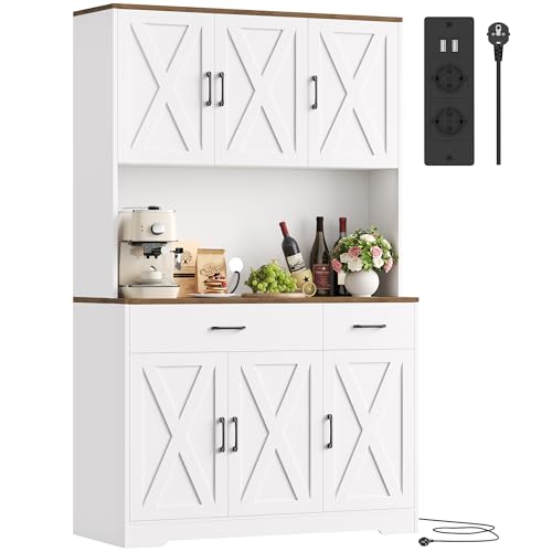 HOCSOK Küchenschrank 105x180 cm (BxH), Buffetschrank Weiß, Sideboard mit Steckdosen, Verstellbare Einlegeböden, Arbeitsplatten und 2 Schubladen, Vorratsschrank für Küche, Wohnzimmer, Esszimmer