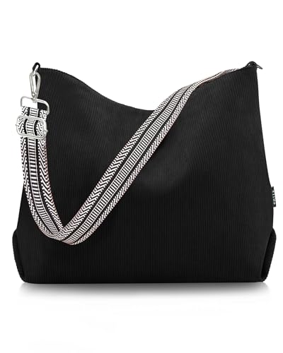 Prite Shopper Tasche Damen Groß Cord Tasche Tote Bag mit Verstellbarem Schultergurt für College Schule Arbeit Reisen Einkaufen(Schwarz)