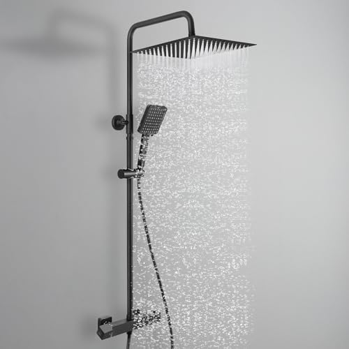 Auralum Thermostat Duschsystem Komplettset Schwarz mit 30cm Edelstahl Regendusche, 6 Strahlarten Handbrause, Höhenverstellbarer Duschstange 88-124cm, Thermostat Duscharmatur Duschgarnitur, Duschset