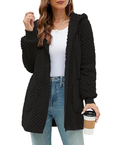 ABINGOO Damen Winterjacke Fleecejacke Lang Kapuzenjacke Teddyjacke Flauschig Plüschjacke Warm Reißverschluss Hoodie Kuscheljacke Wintermantel Mit Taschen(Schwarz,XXL)