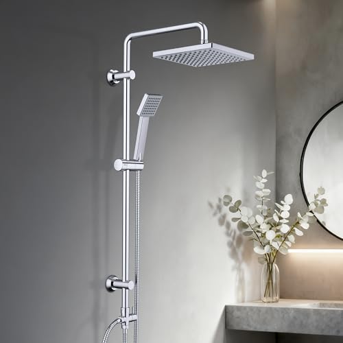 JOHO Edelstahl Regendusche Set, Duschset ohne Armatur, Duschsystem, Überkopfbrause Set, Duschstange mit ABS Kopfbrause 20x20cm