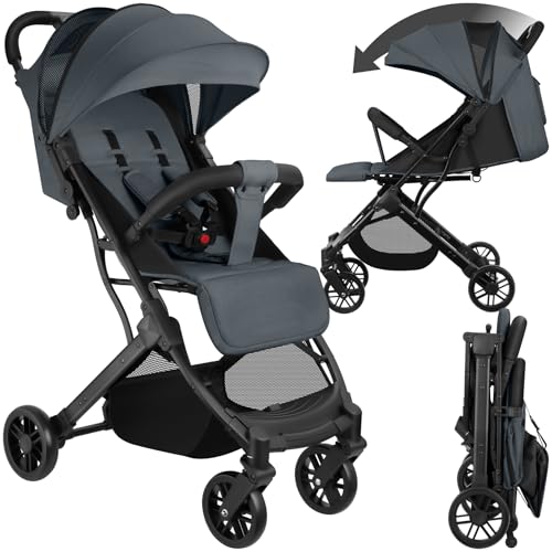 tectake® Buggy Kinderwagen von 0 bis 3 Jahre, Wagen für Baby Erstausstattung Neugeborene und Kinderbuggy mit Sonnenverdeck, einhändig faltbarer Reisebuggy, Reisekinderwagen, Baby Wagen - anthrazit