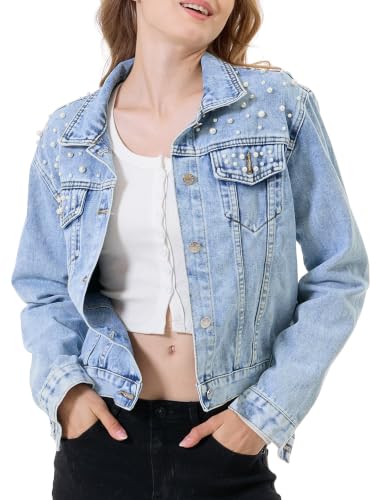 PRINSSIN Damen Jeansjacke mit Perlen Denim Jacke Übergangsjacke Blau M