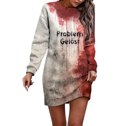 Halloween Kostüm Damen Hoodies Lang mit Blutigem Print Bloodstain Sweatshirts Blutig Pullover Kleid Gruselig Kapuzenpullover Oversized Langarmshirt,S-3XL