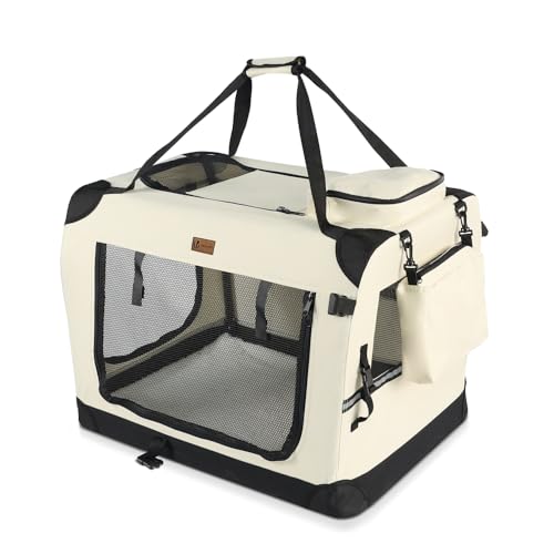 VOUNOT Hundebox faltbar, Transportbox Katze Hunde, Hundetasche, Oxford-Gewebe, Netzstoff, Atmungsaktiv, Transportabel, Metallrahmen, mit Griffen, Taschen, 60x44x44cm M, Beige