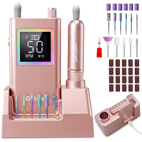 Delanie elektrischer Nagelfräser professionell 50000 U/Min mit Ladestaion, Maniküre Fräser für Nägel & Acrylnägel, tragbarer Nagel Fräser für Gelnägel für Anfänger Zuhause & Salon Profis +12 Nagelbits