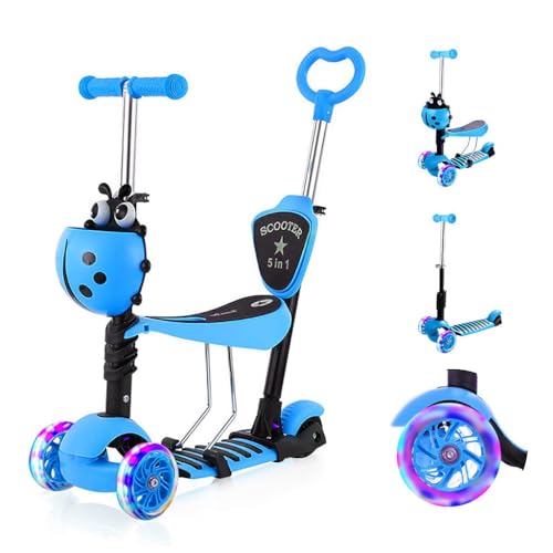 YOLEO 5-in-1 Kinder Roller Scooter mit Abnehmbarer Karikaturkorb Sitz Schubstange Große Räder Bequeme Rückenlehne Höheverstellbare Lenker für Kleinkinder Jungen Mädchen ab 2 Jahre (Blau)